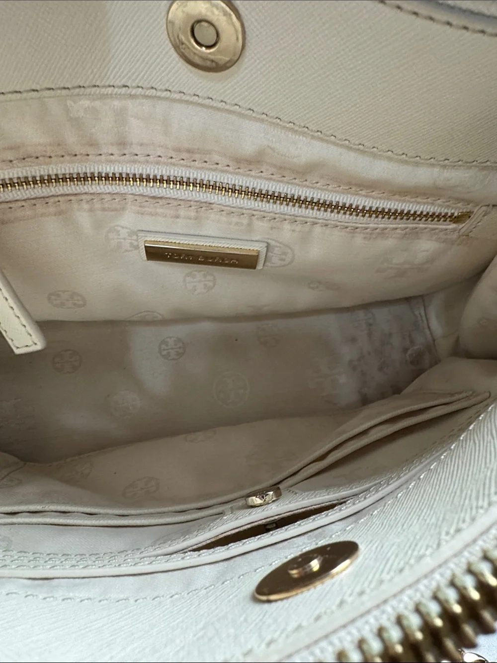 Tory Burch Cream Quilted Satchel with Gold Chain Strap